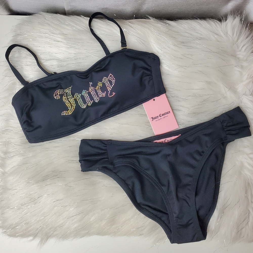 JUICY COUTURE black Rhinestone Bandeau Bikini Set